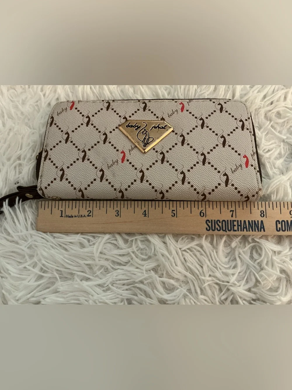 Vintage Baby Phat Y2K Monogram Cat Logo Zip Around Wristlet Wallet McBling